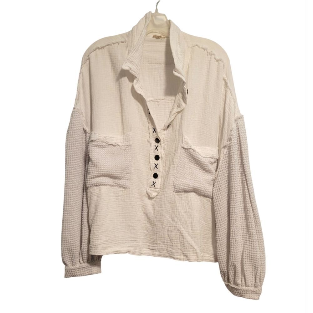 POL Textured Henley Pullover Cotton Size Large in White